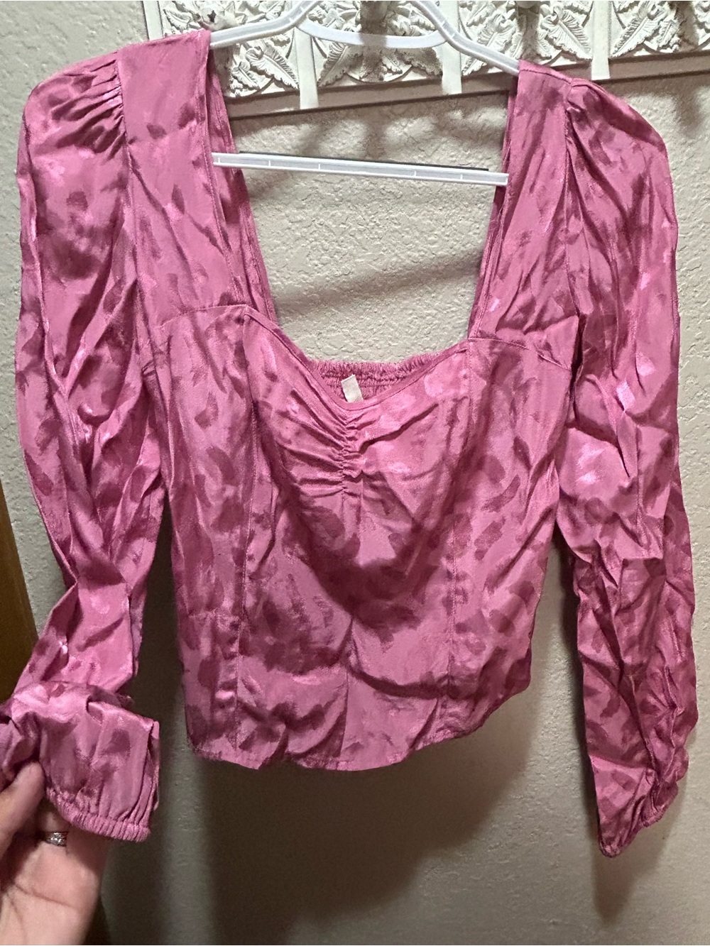 Wayf Pink Satin Square Neck Long Sleeve Crop Top